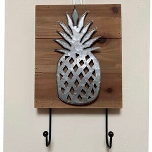 Rustic Metal Pineapple Cutout on Wood Plank Wall Accent Hook Lightweight